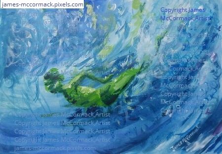 Olympic Diver.(31aug)
G.

Olympic diver, a painting in acrylic on paper capturing the Tokyo 2020 / 2021 Olympic divers, underwater, in a blue pool with green light and lots of bubbles rising to the surface as the diver enters the water.