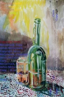 Whiskey on Lace.
G.
Acrylic in paper.

An open whiskey bottle and a glass on lace.