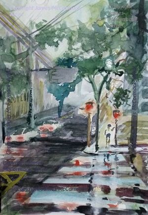 City Rain.
G.
Watercolour.
Rain in Sao Paulo City, Brazil, on the corner of Rua São Carlos do Pinhal and Joaquim Eugênio.  