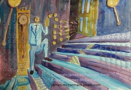 G. 
Forever is Composed of Nows.
Acrylic on paper.

The title of an Emily Dickinson poem about forever and now inspired this painting about time, represented by clocks, a clock headed man, on a stairs, beside a grandfather clock, moving towards a door.