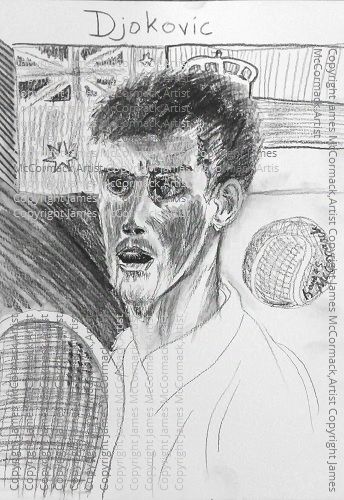 G.
Djokovic, charcoal.
Tennis player Novak Djokovic drawn between an Australian and a Serbian flag, in the visa decision to participate or not in the Australian Open and a fourth Grand Slam.