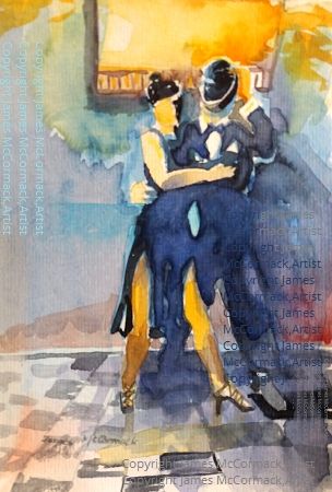 Tango in Blue.
Watercolour.
G.
A couple dance tango in Buenos Aires, Argentina, accompanied by a live band. The drama, passion, movement, is expressed in the union of the dancers.
