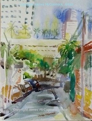 G.
Bela Vista Street

Bela Vista Street, with a mixture of coloured houses, greenery and palm trees in sunshine, with a background of tall Sao Paulo City buildings against a blue sky. Watercolour.
