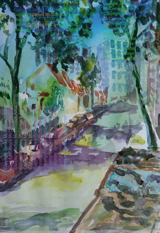 Bela Vista Sun.
G.
 - watercolour by James McCormack, Artist.  

A street scene with trees, shade and sunlight.