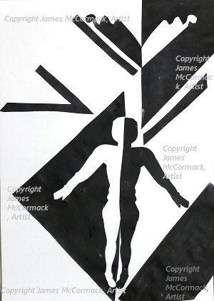 G.
Black and White Figure.

A black and white abstracted figure with legs together, arms spread, lines and waves above the head.