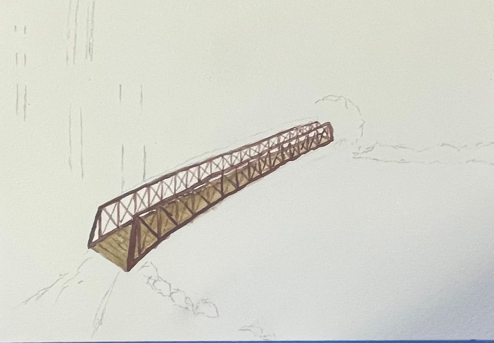 Start of a watercolor painting with the footbridge completed. 