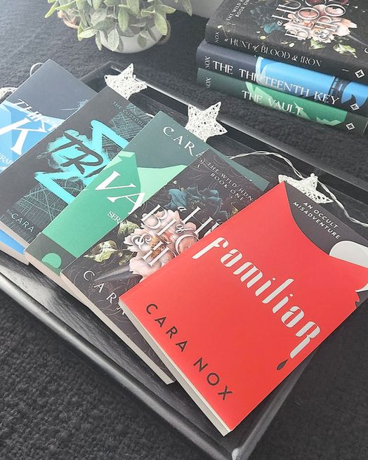 A pile of paperback books, including Familiar by Cara Nox, on a black tray with white woven star lights and a stack of hardcovers off to the side, next to a fake plant.