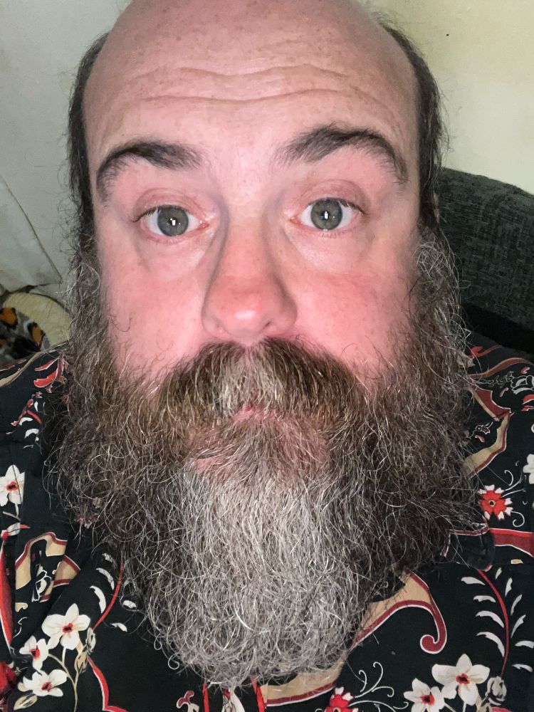 A man in a flowery shirt and bead the size of a medium badger 
