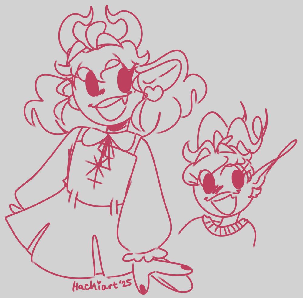 a waist up doodle of the first troll as well as another headshot of an older troll design with swirly swooped horns and a long elf ear, both trolls are smiling and looking off to the side