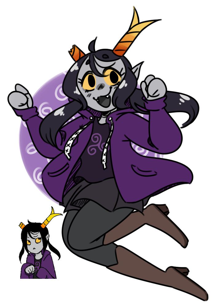 draawing of a homestuck fantroll in a purple jacket, a black tshirt and skirt and brown boots.
they have swirly horns with two points on one horn and the other is broken, they're leaping in the air with their hands up in a cat paw pose