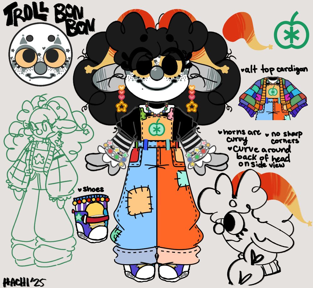 A ref sheet for a troll version of Vtuber Hachiart's character BonBon. In the center is a full body reference, them as a troll, with large fluffy black hair, horns curled around the side of their head with stars on the tips, a black tshirt with a striped longsleeved shirt underneath. A colorful pair over mismatched overals and cute sneakers on as well as colorful bracelets, earrings and a necklace.
On the left is text "Troll BonBon" with a makeup reference underneath. And on the bottom left is a doodle of the design, BonBon standing and looking to the side. Next to the doodle is a reference of their shoes
On the top right is a reference of their horn shape and their troll sign; proserpina
Underneath is a reference to their cardigan alt top, underneath is text reading "-horns are curvy, -no sharp corners, -curve around back of head on side view" with a reference to the horns from the side and a profile view of BonBon