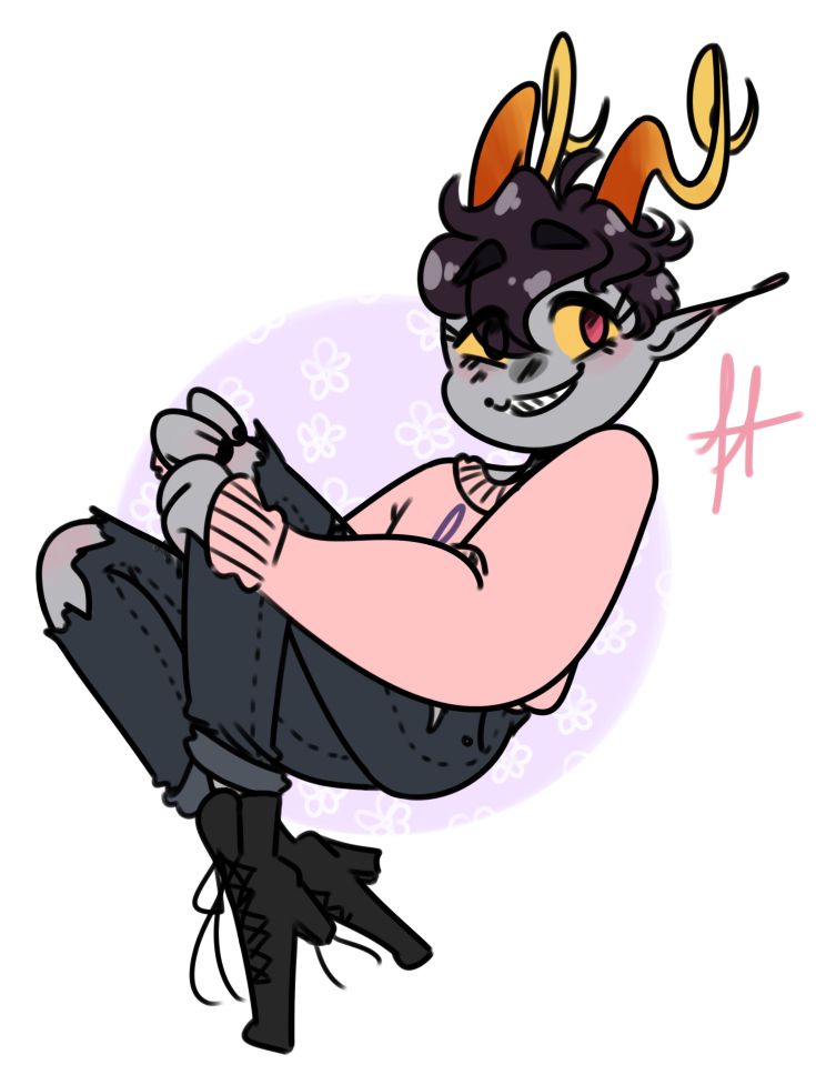a drawing of a homestuck fantroll, with swirly horns and a pink sweater with ripped jeans