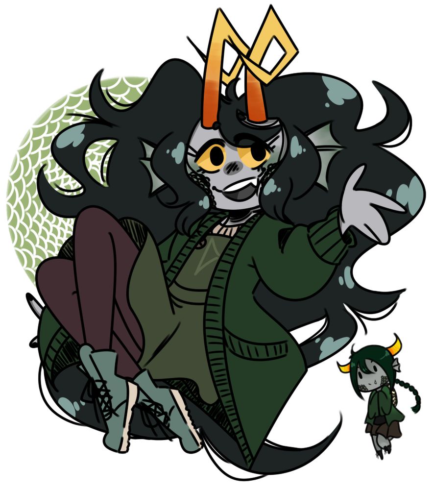 a drawing of a homestuck fantroll, with angled spikey horns, long flowing black hair and a green cardigan over a olive green overalls skirt and brown leggings with light green boots, a small version of their old design on the bottom corner