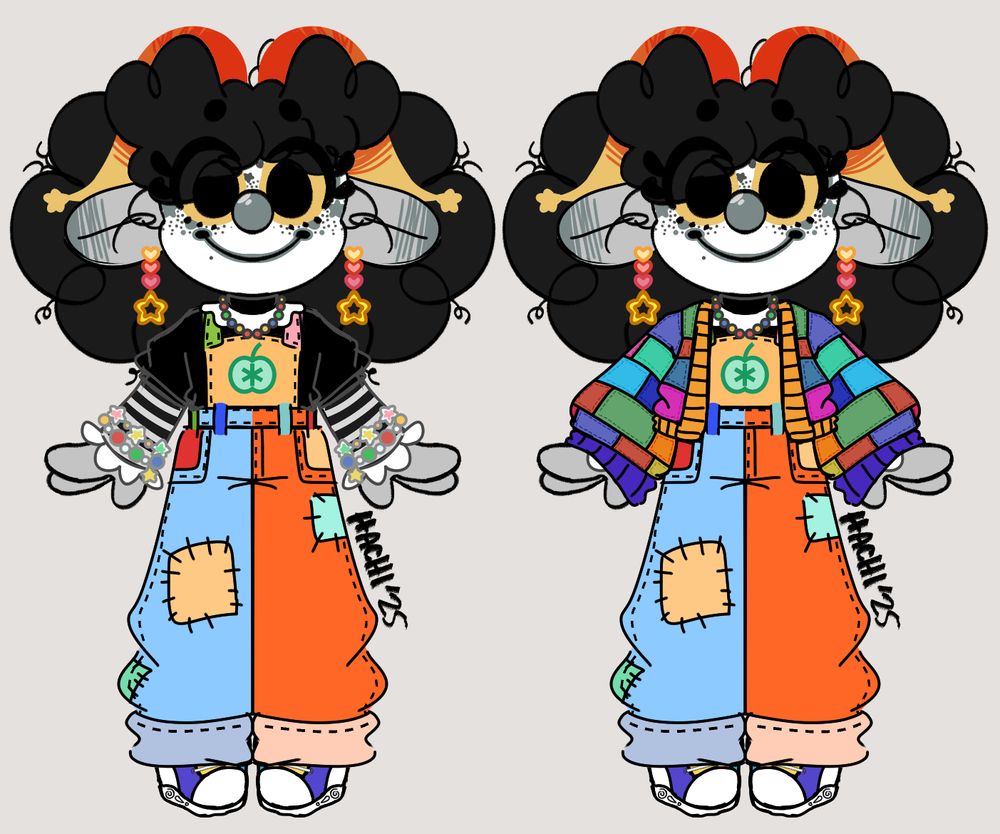A ref sheet for a troll version of Vtuber Hachiart's character BonBon with two full body refs, on the left is BonBon with their main full outfit and on the right is the same outfit but with a colorful patchwork cardigan overtop