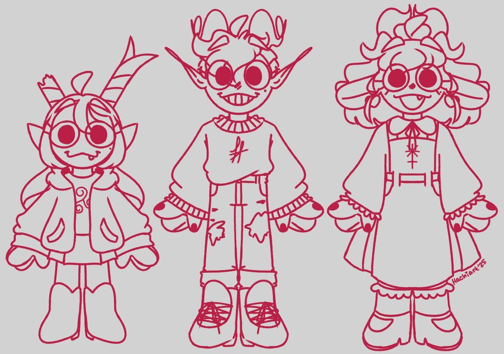a character line up of the first troll and a full version of the other troll design, along side a smaller troll on the left
all three are trollsona designs of the same person, but how they drew themselves over the years