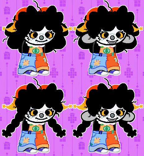 4 sprites of Vtuber Hachiart's trollsona drawn by @ORiiPUP, on the left is the sprite with it'a mouth closed and large curly hair, on the right is the same sprite with the mouth open
Underneath is the same sprites but the curly hair is instead in two braids
A purple background with homestuck troll sburb logos done by cairovercoat 