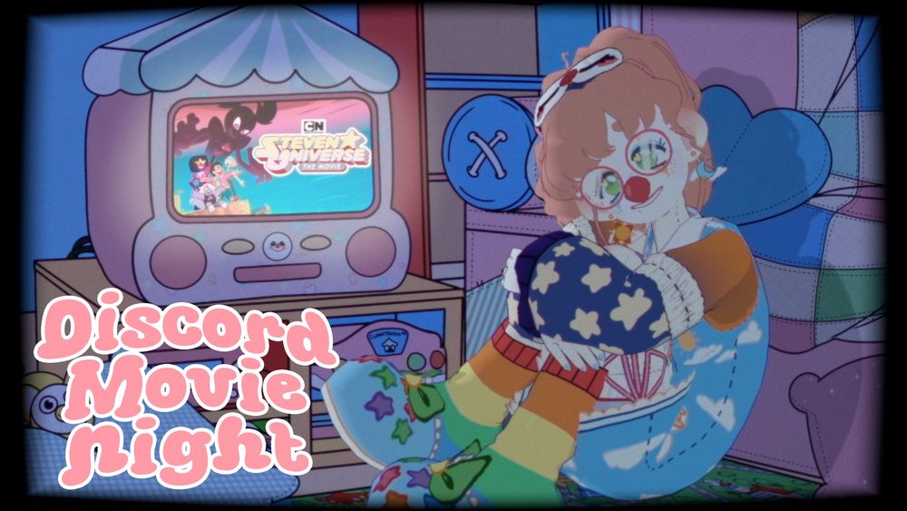 vtuber hachiart sitting in a dark living room with a tv, on the tv is the poster for Steven Universe the Movie, they are sitting on the floor with their knees up against their chest and smiling at the camera
on the bottom right is text reading "Discord Movie Night"