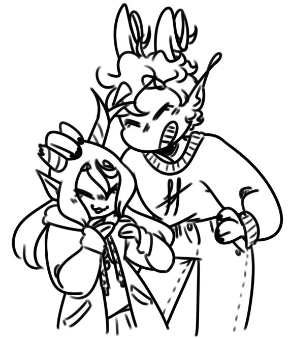 a drawing of homestuck trollsonas of hachiart with the updated design, which is older, petting the head of the younger design