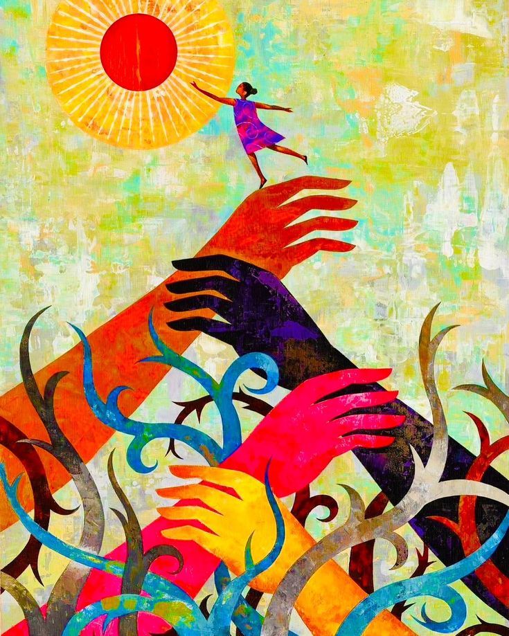 an image of arms growing out among thorns and vines to lift a girl up to touch the sun.