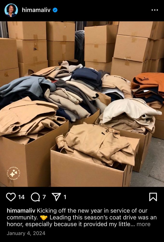 AI-generated image of boxes of coats for donation with a caption that reads “kicking off the new year in service of our community”