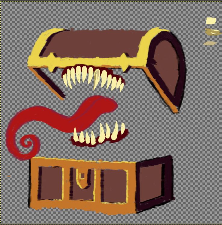 attempting to draw a mimic using gimp lol shown is like the blocked out chest metal edges teeth and tongue using flat colours to do shape then will try todo more details
