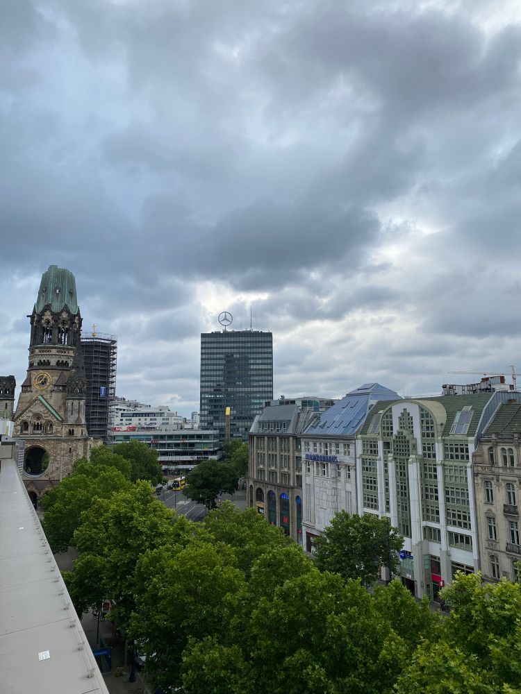 View to the Kudamm with Gedächtniskirche and Europacenter in Berlins city west.