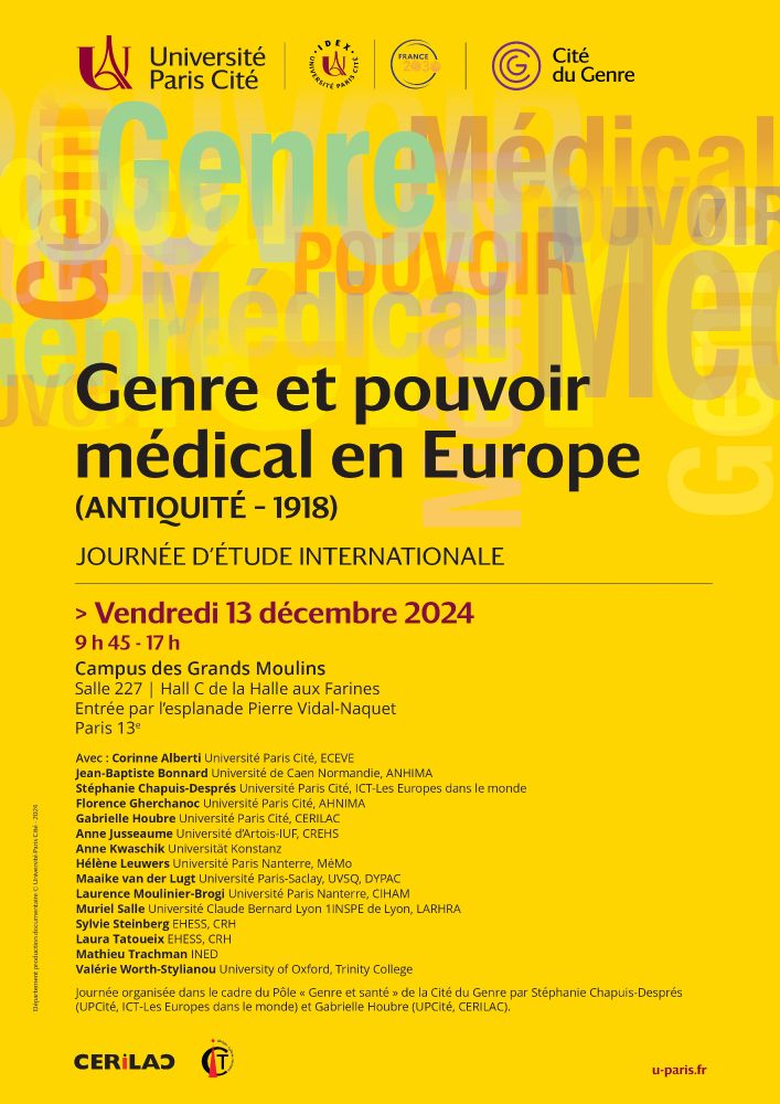 affiche pour la journée d'étude Genre et pouvoir médical en Europe qui a lieu le 13.12.24 sur le Campus des Grands Moulins 9h45-17h, salle 227, hall C Halle aux Farines