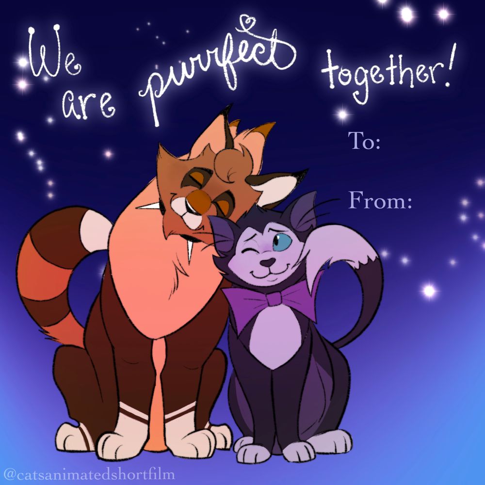Two cats leaning next to each other with text on top that says “We are Purrfect Together.” It says to and from right beneath the text. 