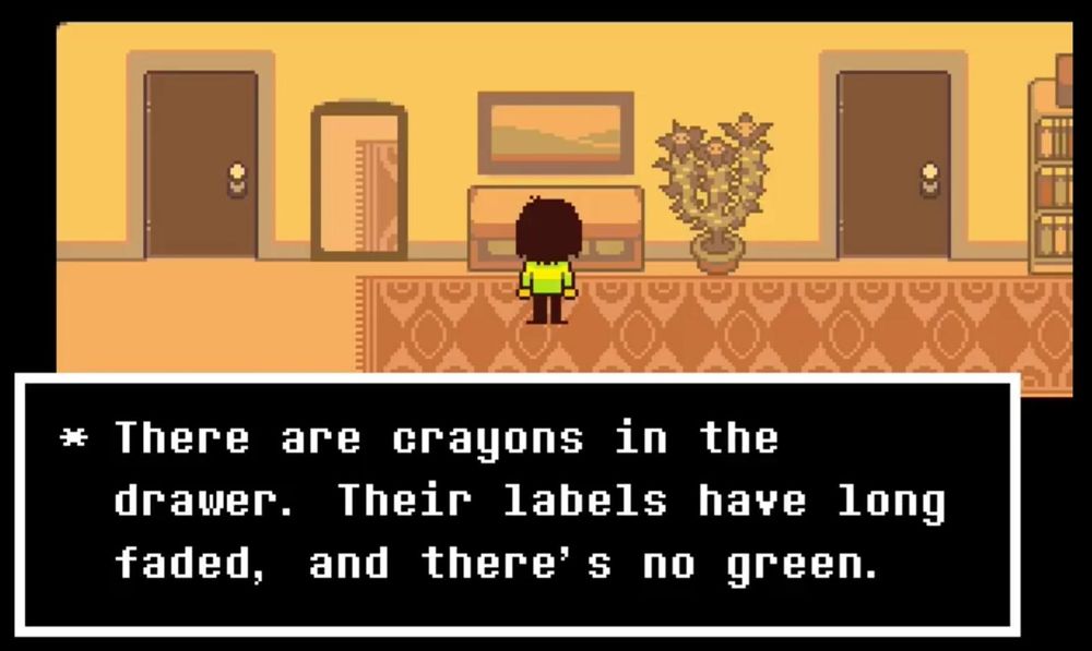 A screenshot of Kris's house. "There are crayons in the drawer. Their labels have long faded, and there's no green."
