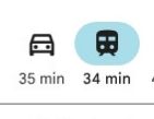 Google maps time estimate showing 35 min by car and 34 min by bus.