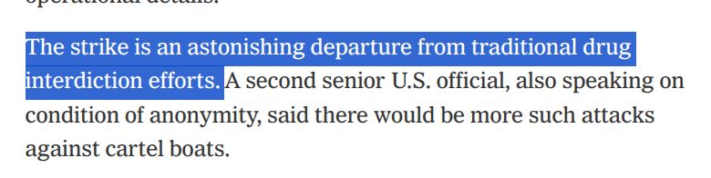The strike is an astonishing departure from traditional drug interdiction efforts. 