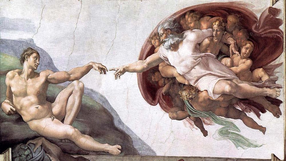 Michelangelo’s Creation of Adam, with God and Adam sprawled… well, not on a gray vinyl floor, but kinda sprawled, reaching toward each other, not quite touching. 