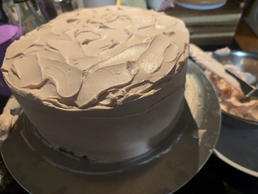 A two tier cake simply decorated with whipped cream