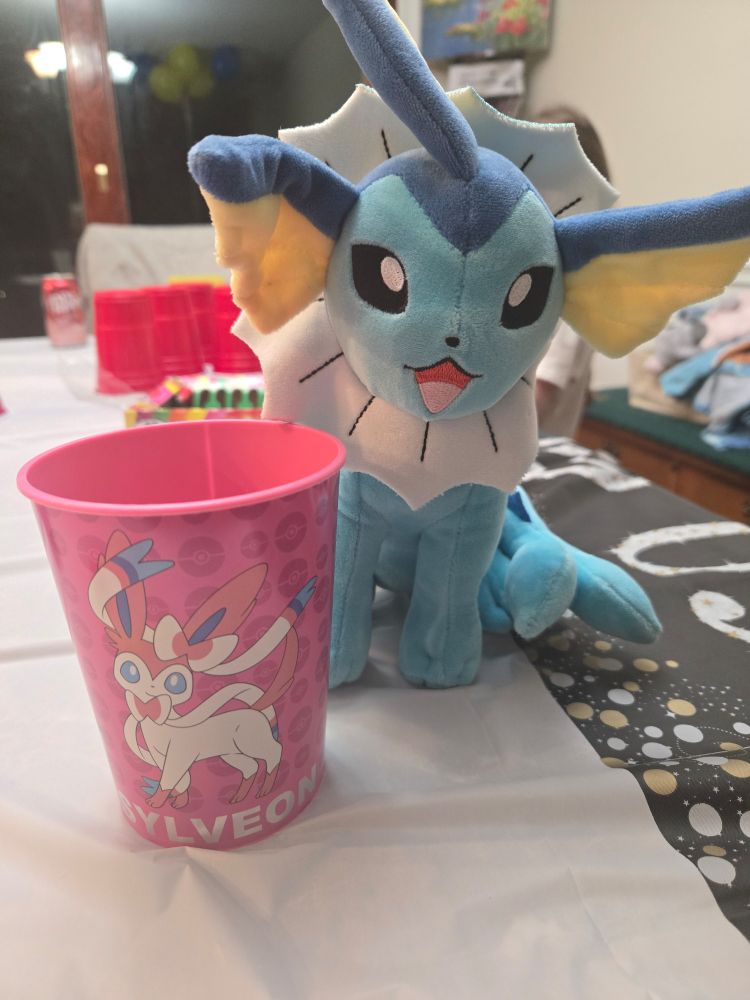 Vaporeon stuffie and sylveon cup. 