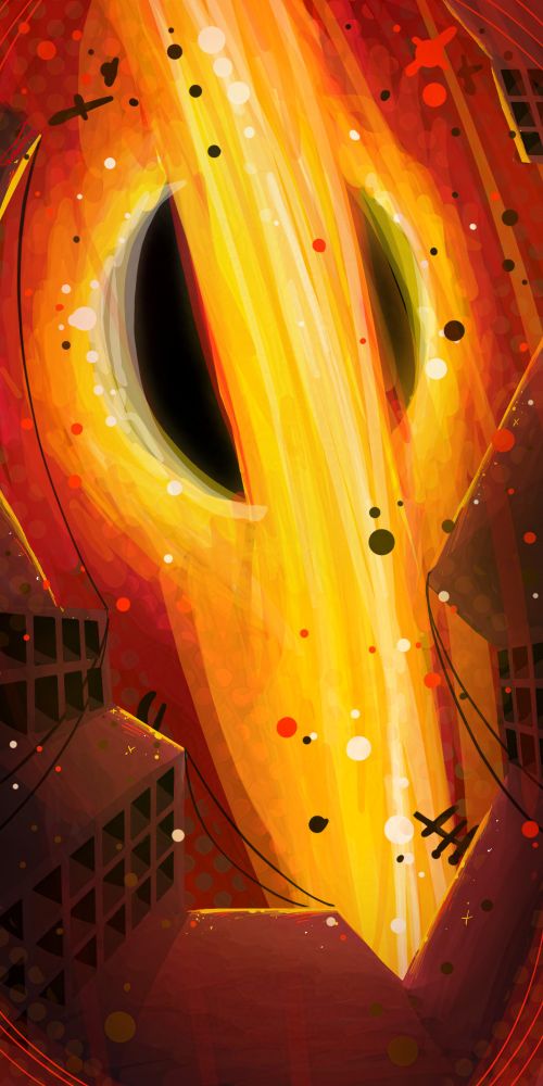 a black hole with its ecretion disc spinning vertically in the background of a weirdly shaped desolate brutalist city