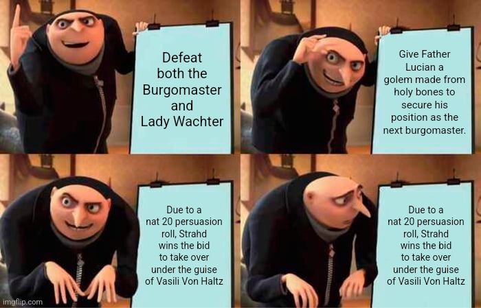 "Defeat the Burgomaster and Lady Wachter"
"Give Father Lucian a golem made from holy bones to secure his position as the next burgomaster."
"Due to a nat 20 Persuasion check, Strahd wins the bid to take over under the guise of Vasili Von Haltz"