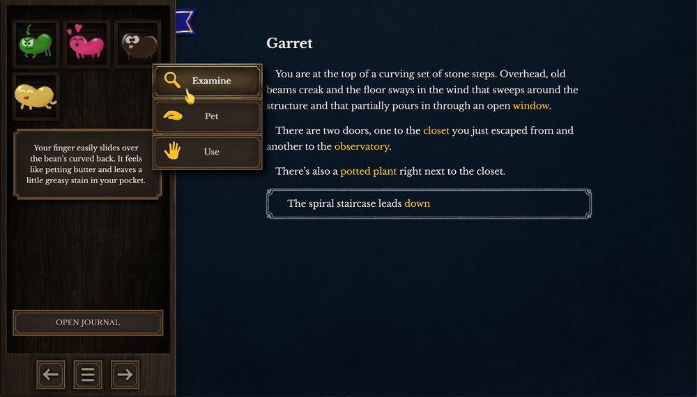 AFTER: Screenshot of the game with the current UI. The sidebar looks made of wood, highlighted buttons have a golden metal trim and the text background is a pleasant wash of dark blue.