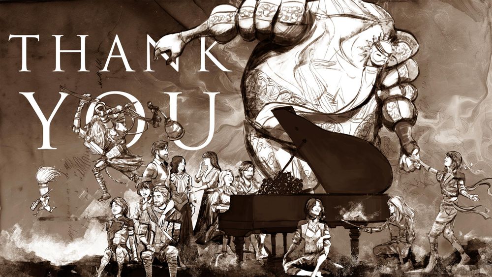 Artwork of all the game’s characters enjoying a good time with a big THANK YOU in the upper left.