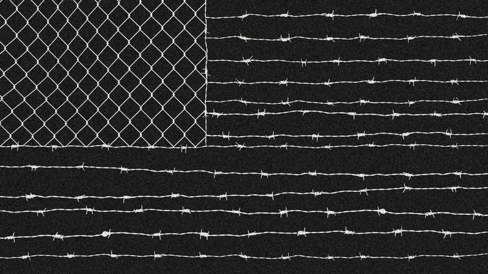 American flag, depicted as chicken wire star area and barbed wire representing stripes. On a black background 