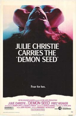 Picture of a woman lying on her back against a white background. 

Captions read.

Julie Christie carries the "Demon Seed" 

Fear for her