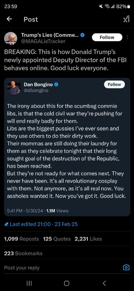 Post from Dan Bongino calling libs "pussies" who are going to find out what "comes next."