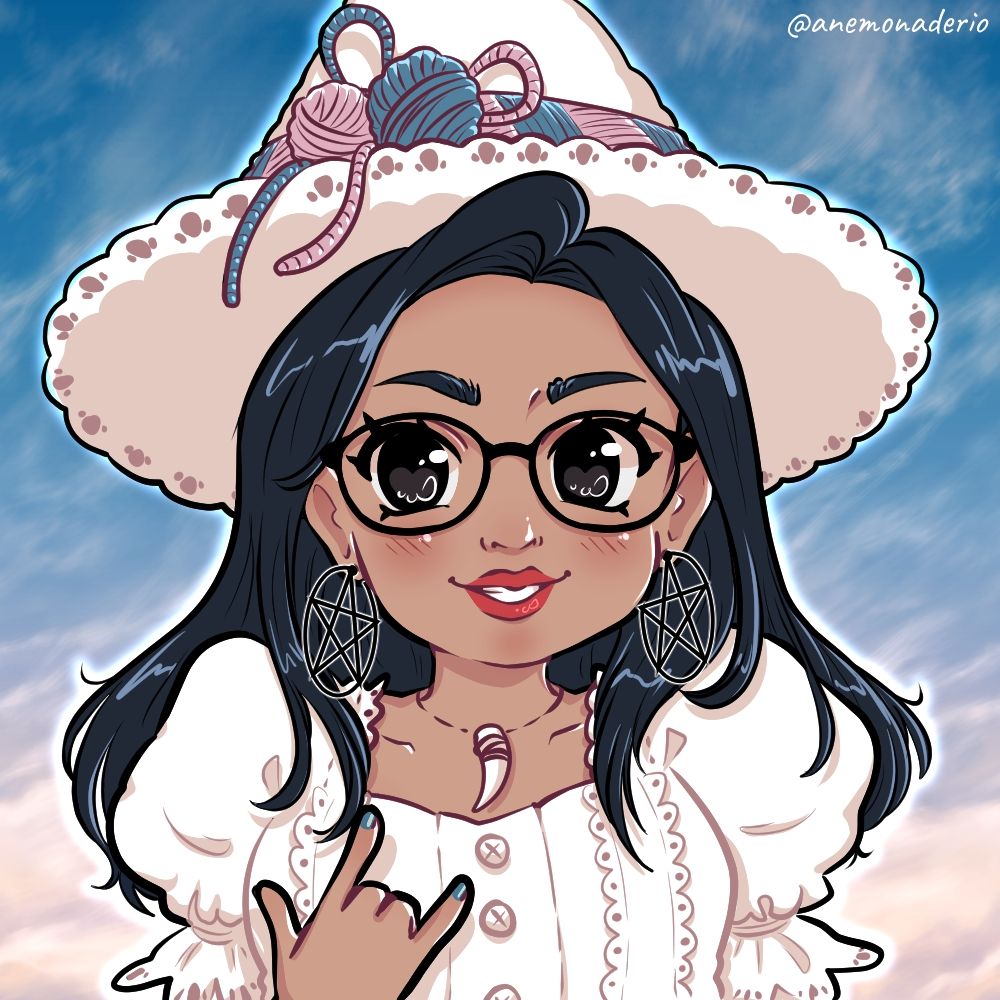 Un avatar de mi compañera de clase Carolina, vestida con una blusa blanca y llevando un sombrero de bruja y unos pendientes satánicos (ella es muy espiritual). El sombrero está adornado con unos ovillos de lana porque está aprendiendo a tejer y bordar