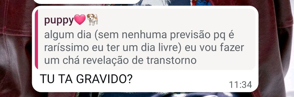 print de wpp, primeira mensagem diz "algum dia(sem nenhuma previsão pq é raríssimo eu ter um dia livre) eu vou fazer um chá de revelação se transtorno" resposta "TU TA GRAVIDO?"