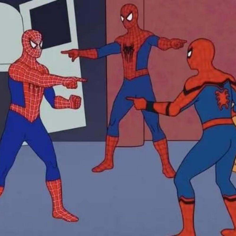 Three Spider-Mans pointing at each other in a circle