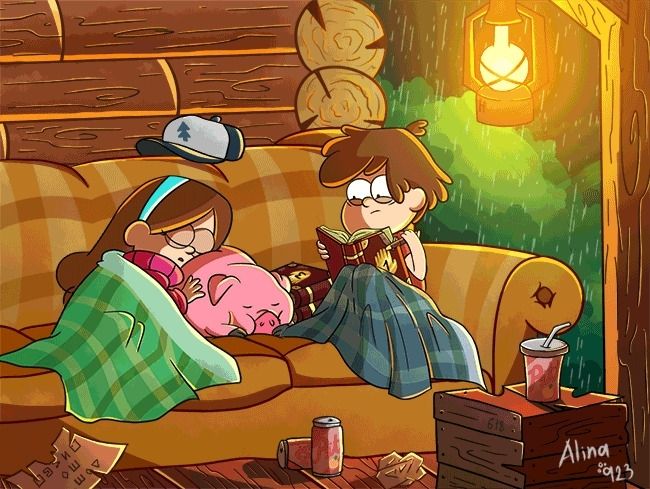 Uma fanarte do desenho gravity fall com mabel e dipper na cabana do mistério do lado de fora em um sofá quando chove a noite.