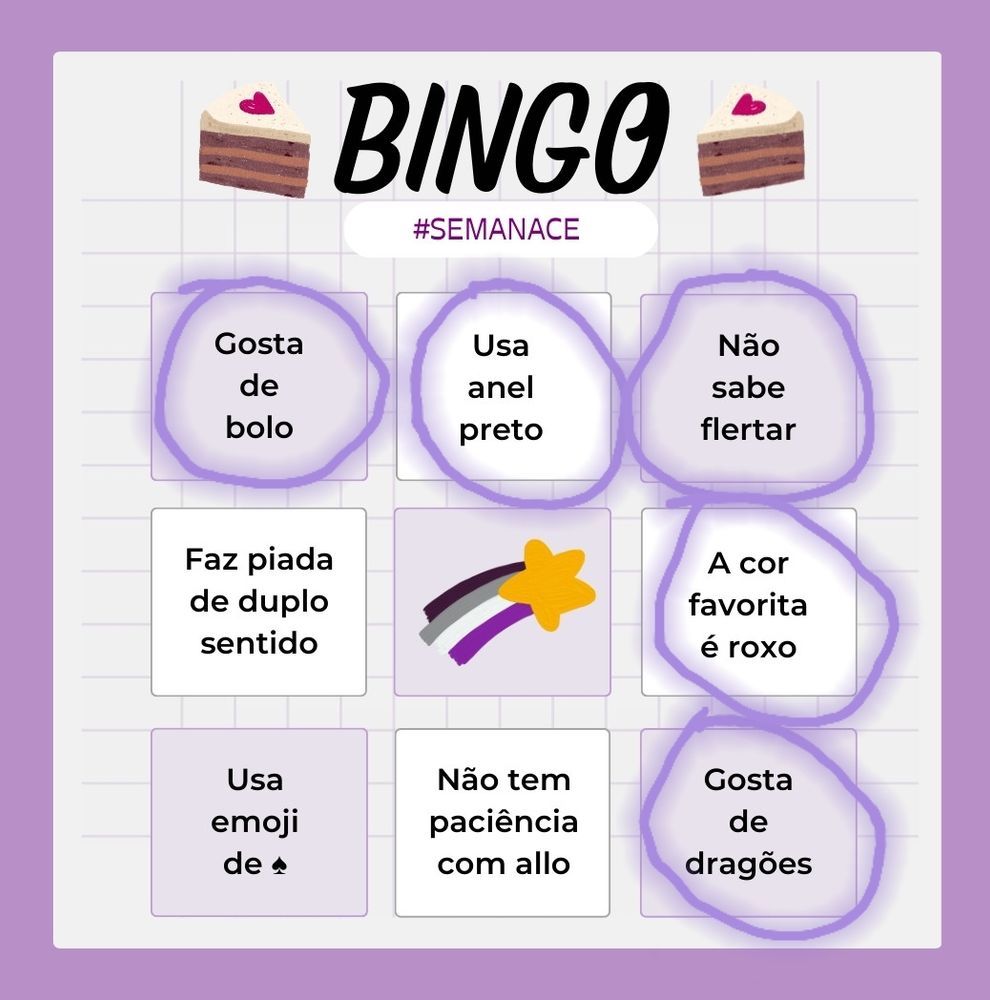 Tabela de bingo, cores roxo e branca.