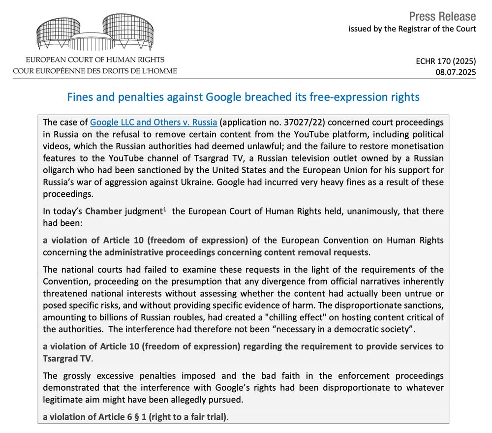 ECtHR Press Release: Fines and penalties against Google breached its free-expression rights