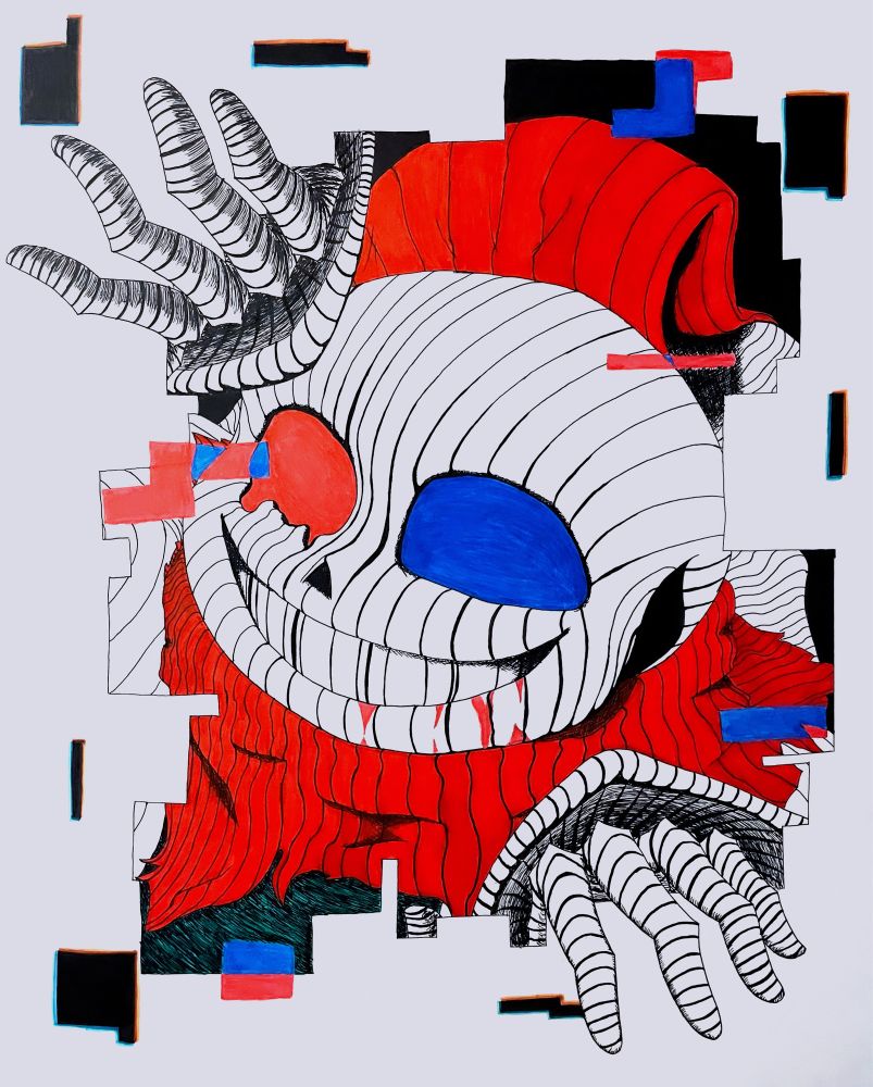 Fatal Error (an alternate version of Sans from Undertale) coming out of a portal, the image is made using contour lines