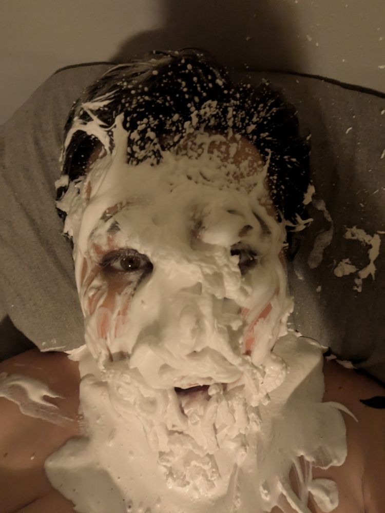 Girl pathetically covered in shaving cream 