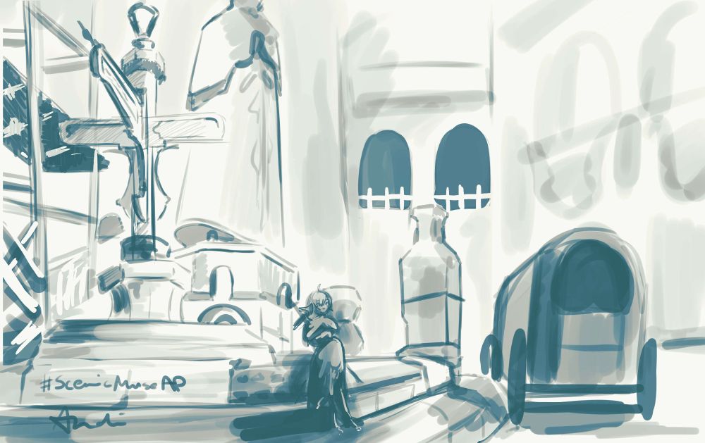 character sitting by a fountain and a travel sign. 